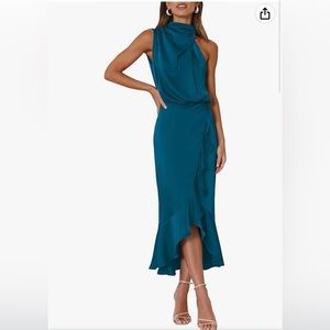 Peacock Blue MIDI Satin Dress